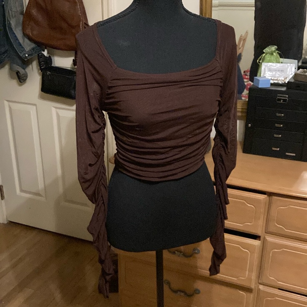 Brown Ruched Long Sleeve Women's Top